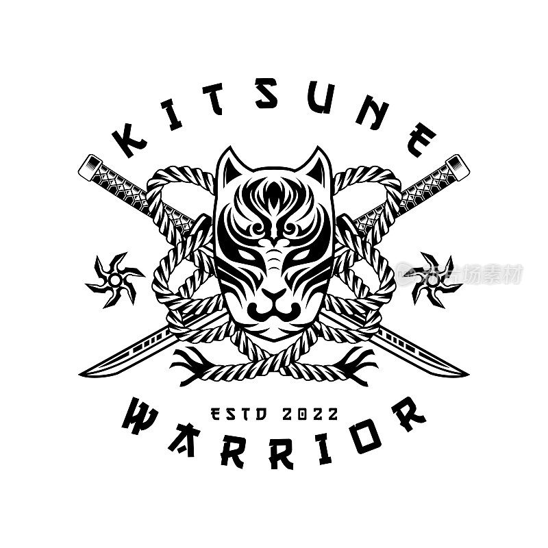 Kitsune Cross武士Shuriken头日本狼标志在复古风格的黑白矢量插图